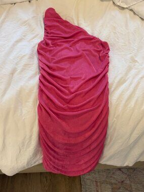 Hot pink ruched one should mini dress